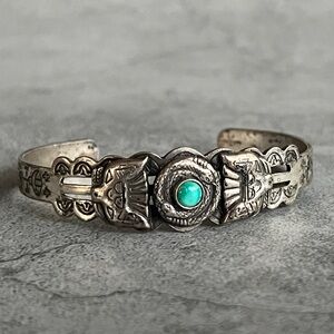 Navajo Fred Harvey Era Green Turquoise Snake Thunderbird Sterling Cuff Bracelet